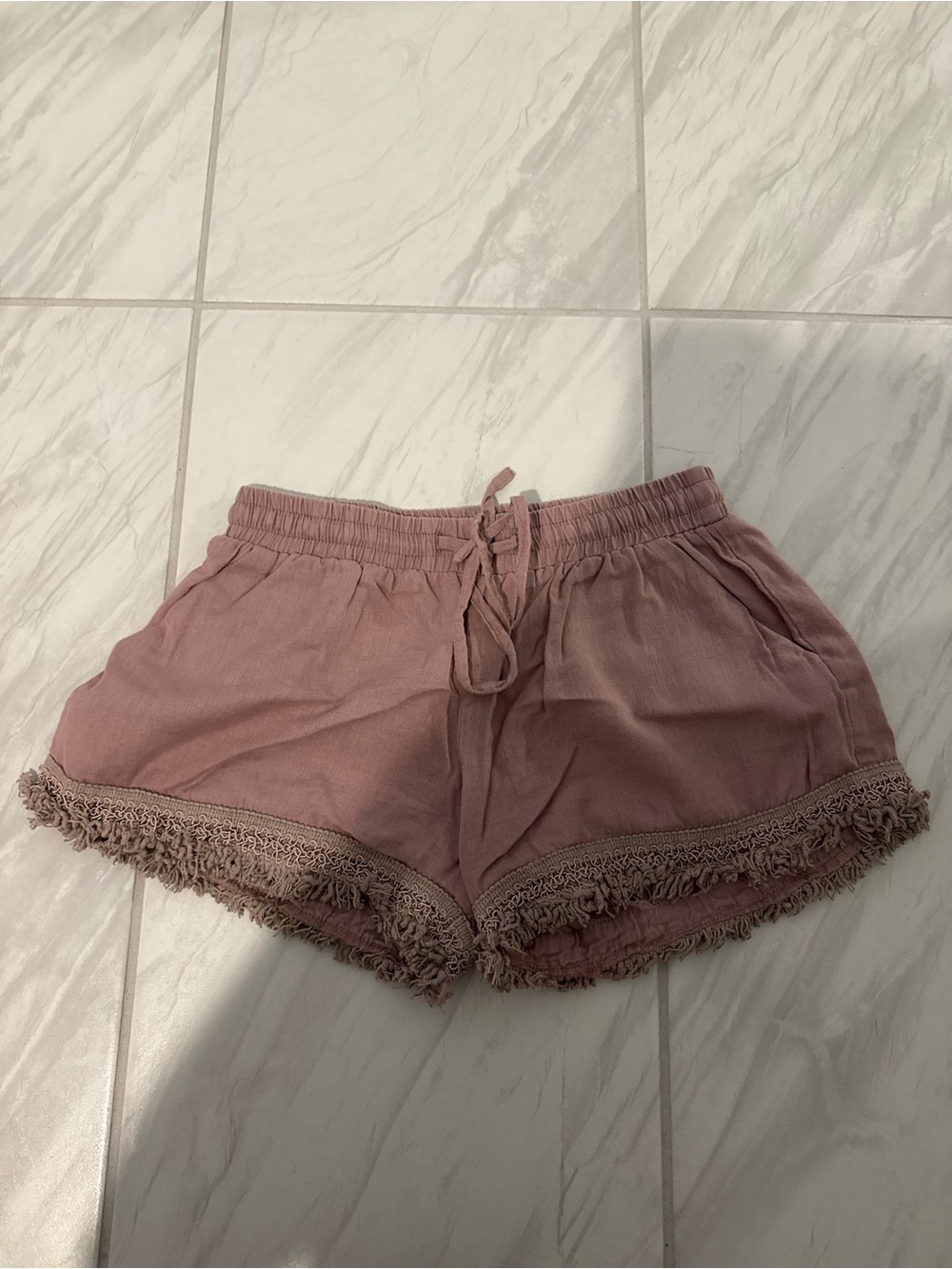 High-Waist Dusty Rose Fringe-Trim Women's Shorts